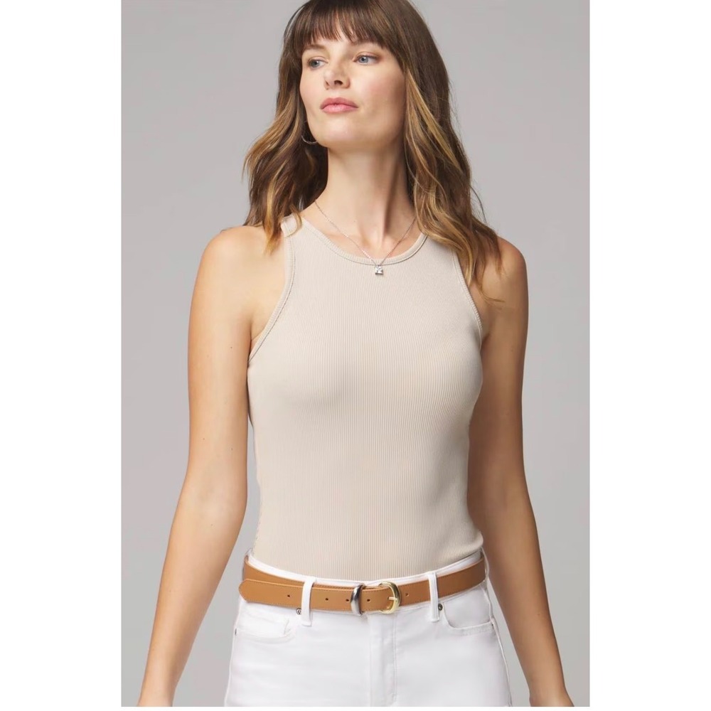 White House Black Market Ribbed High Neck Racerback Tank Top Beige Small